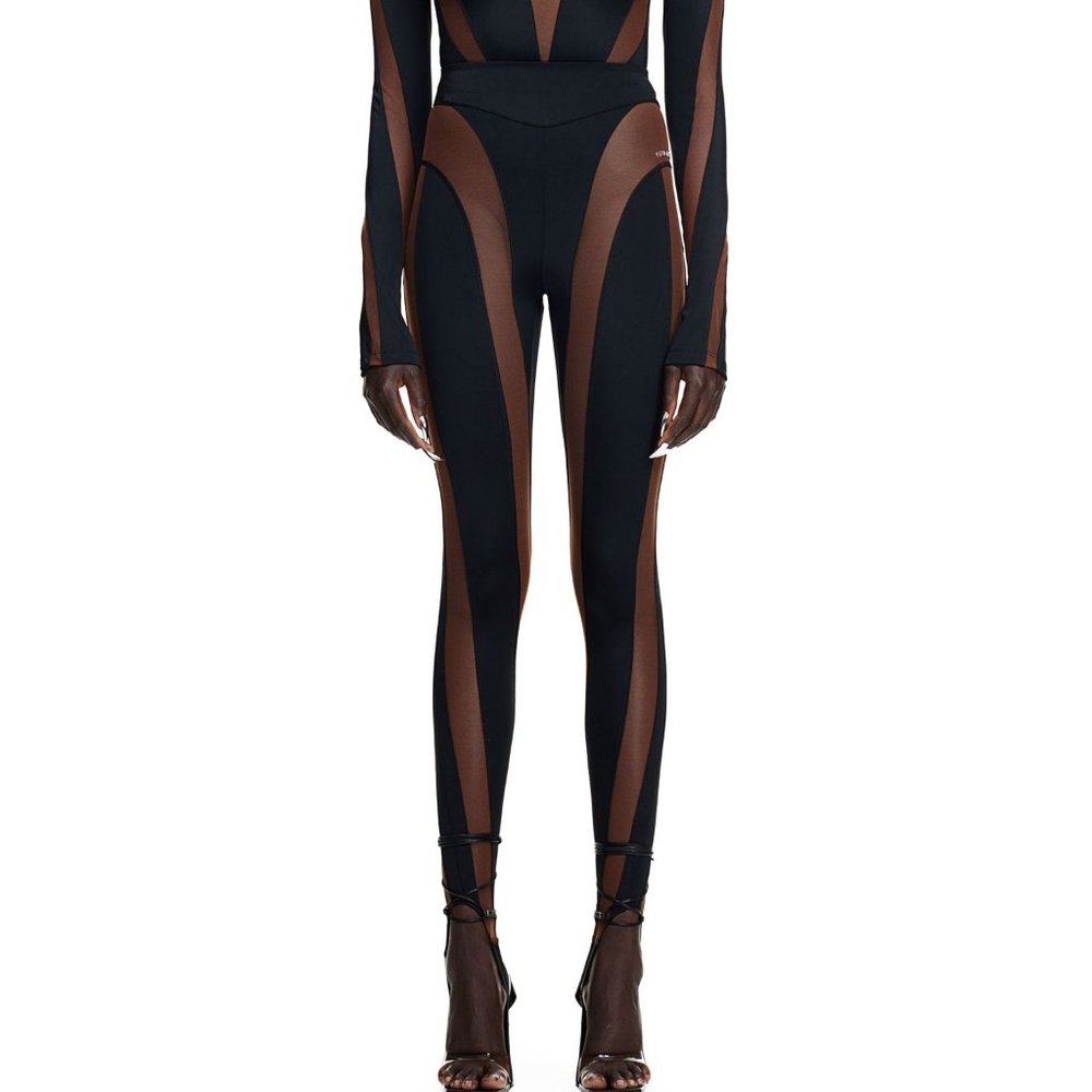 Mugler x H&M Black Mesh-panelled stirrup leggings BROWN/BLACK